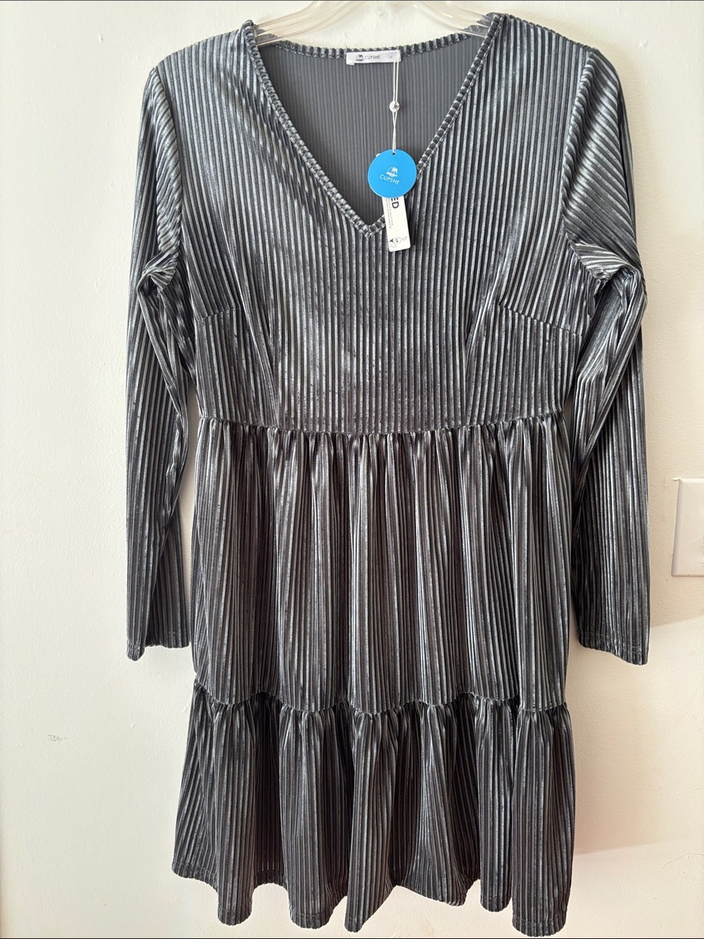 Cupshe gray velour ribbed v neck long sleeve fall holiday dress size large new